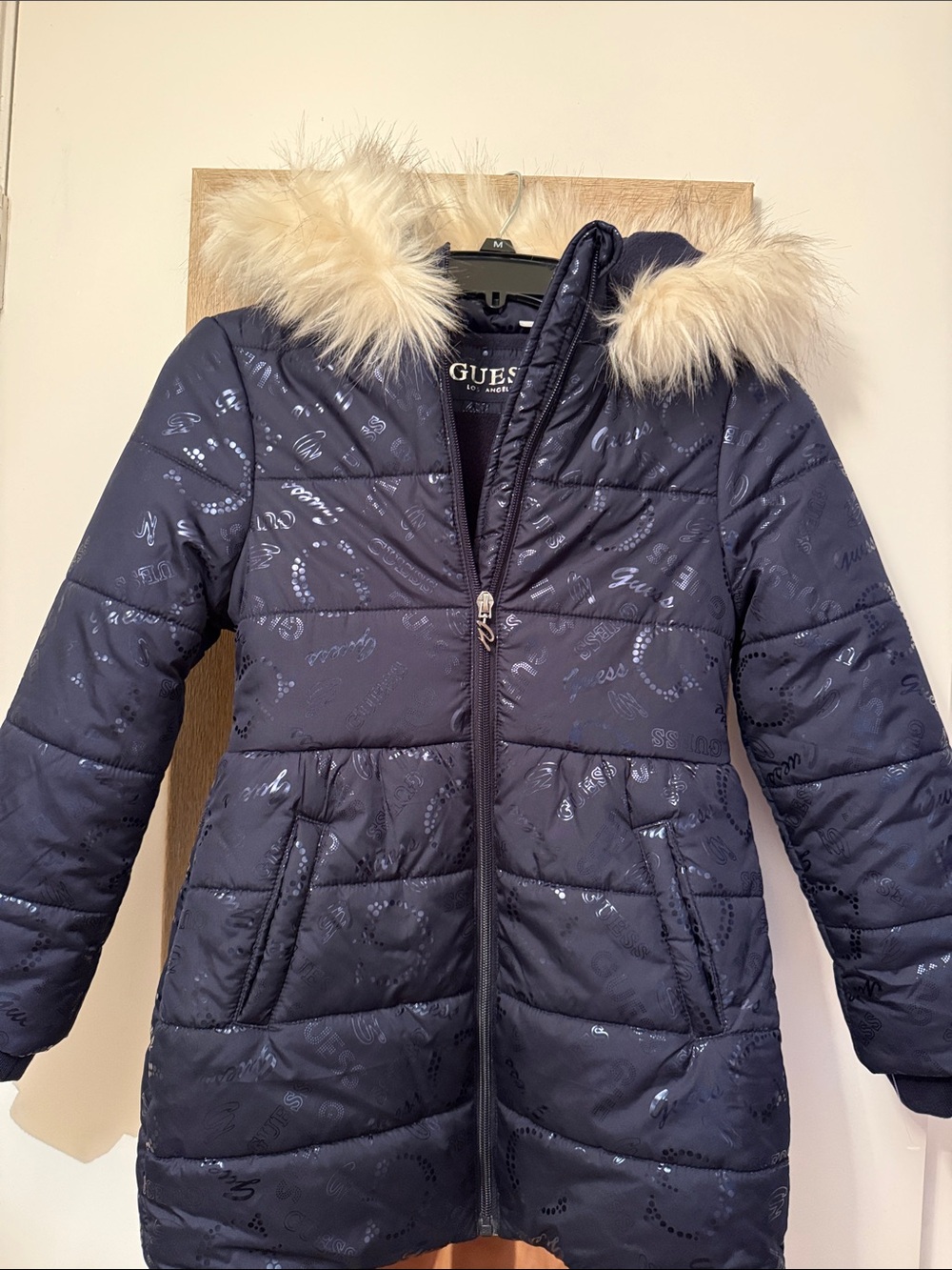 GUESS Navy Quilted Puffer Coat with Faux-Fur Trim Hood